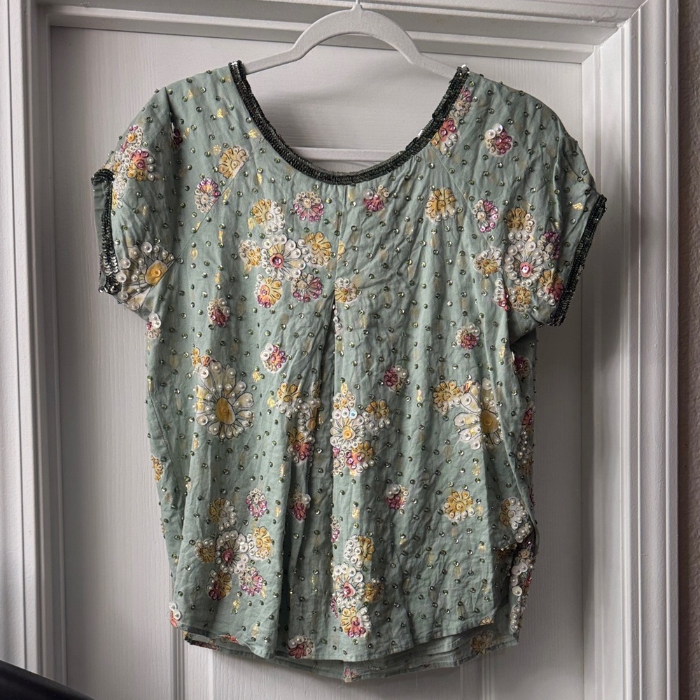 By Timo Beaded Embroidered Short Sleeve Blouse - Green